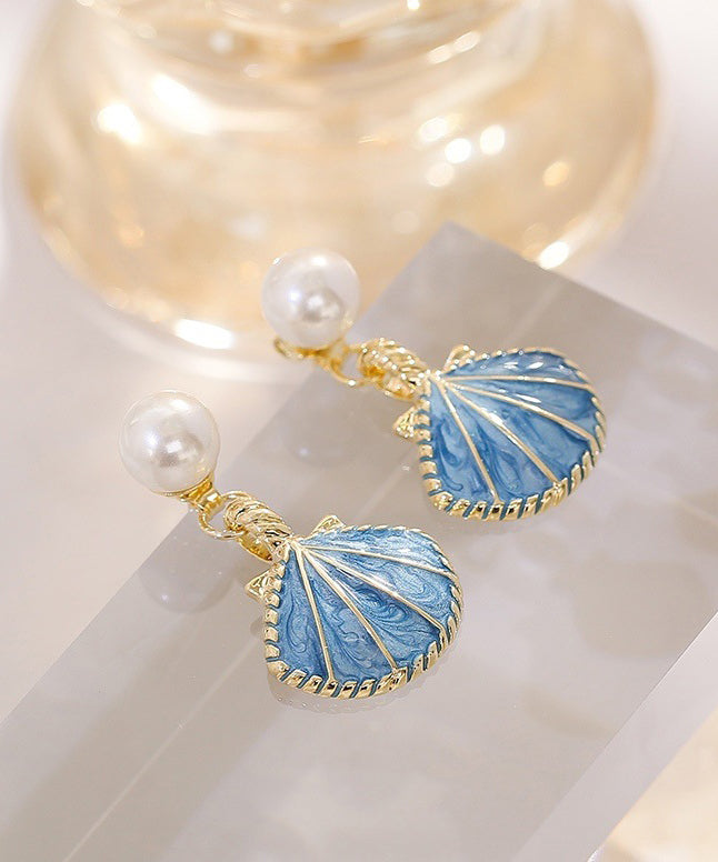 Unique Blue Metal Overgild Pearl Shell Drop Earrings