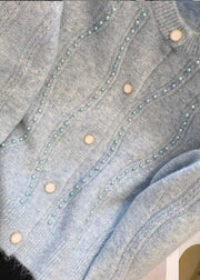 Unique Blue Nail Bead Cotton Knit Cardigans Fall