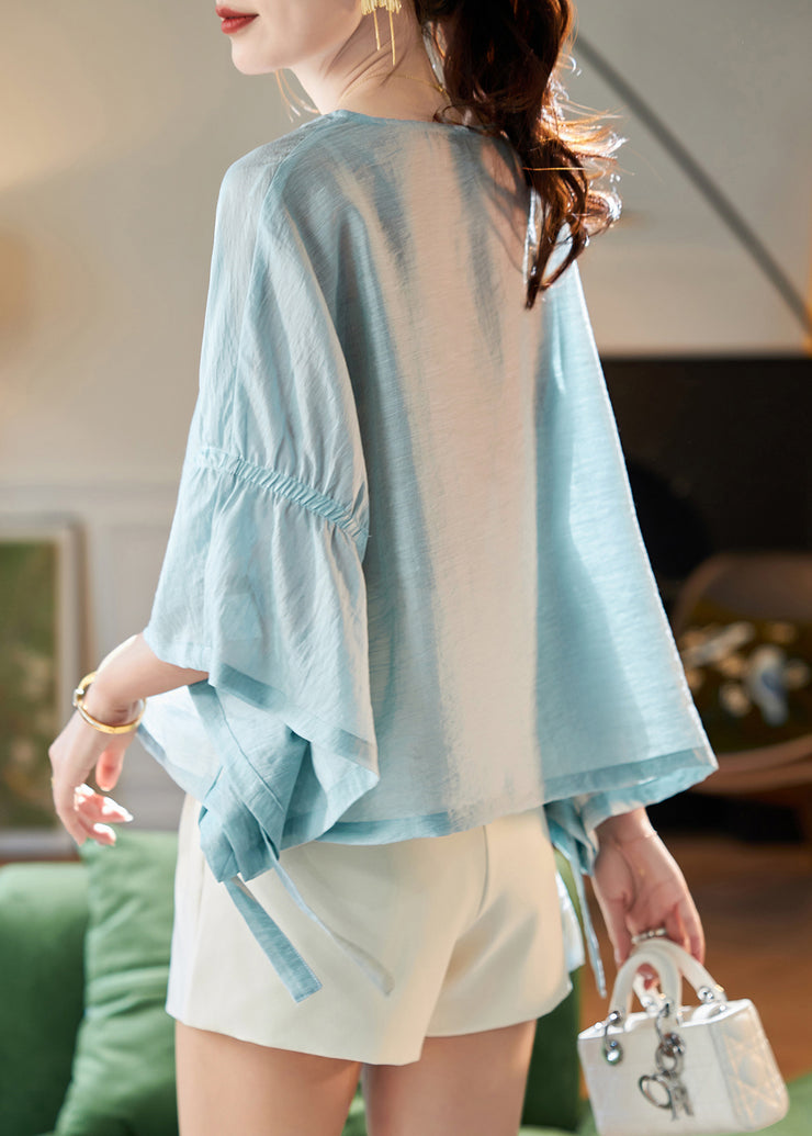 Unique Blue O Neck Lace Up Chiffon Shirts Batwing Sleeve