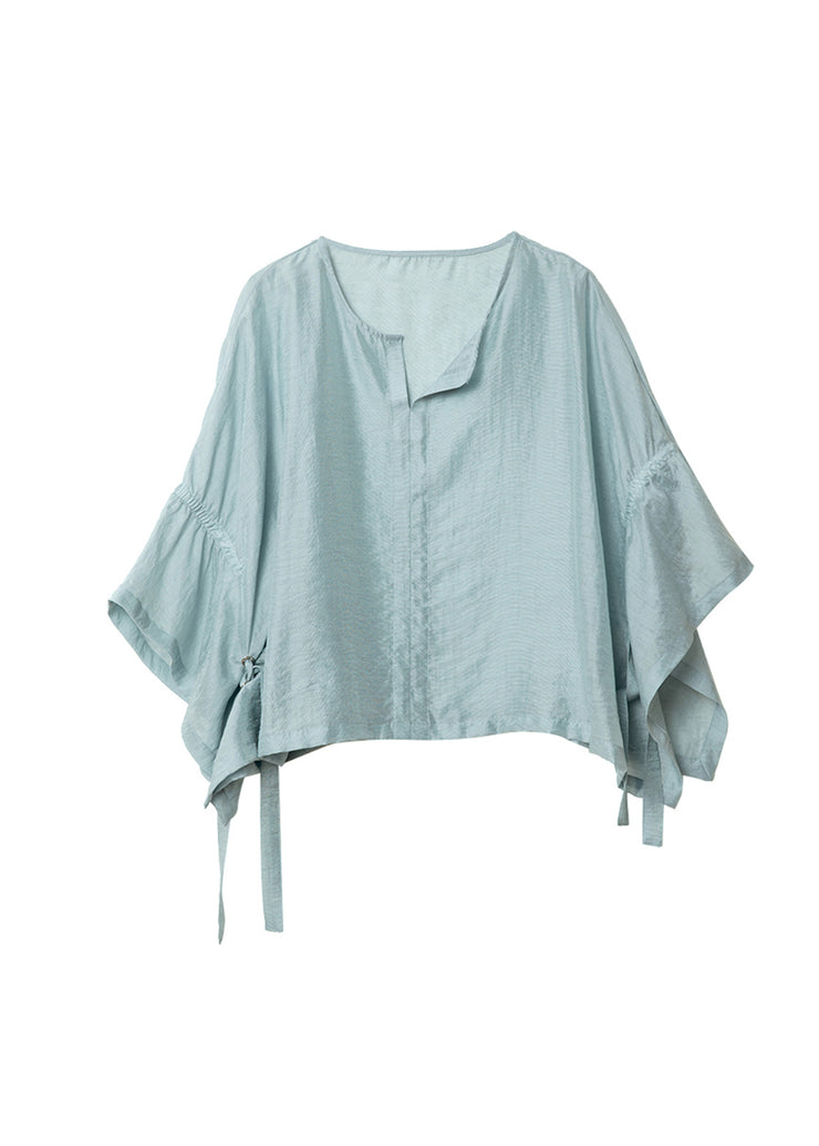 Unique Blue O Neck Lace Up Chiffon Shirts Batwing Sleeve