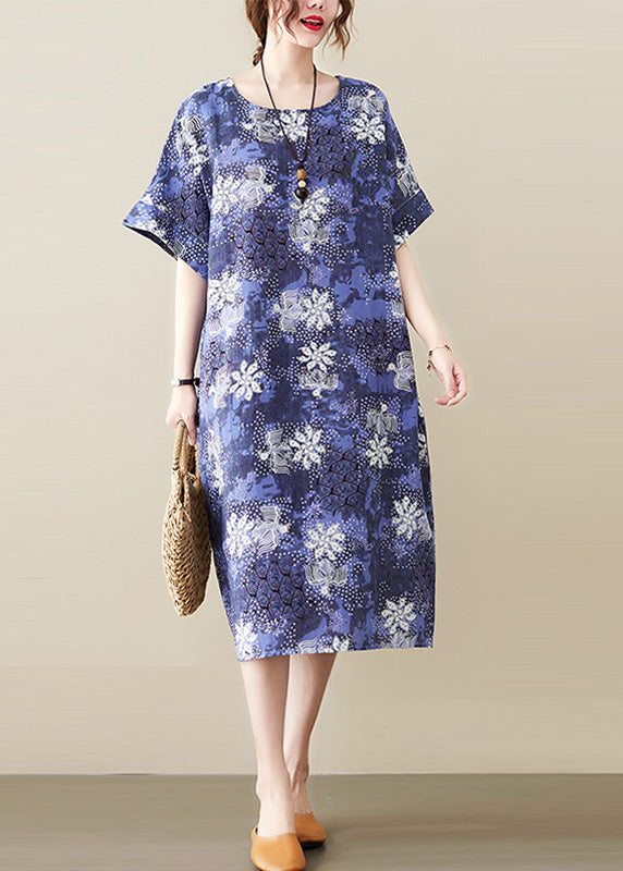 Unique Blue O-Neck Print Long Dresses Short Sleeve