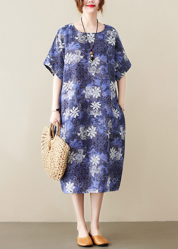 Unique Blue O-Neck Print Long Dresses Short Sleeve