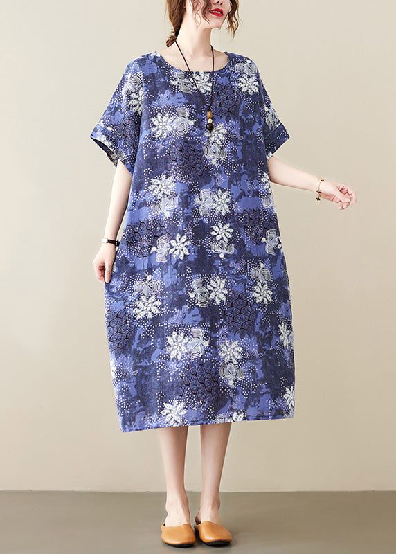 Unique Blue O-Neck Print Long Dresses Short Sleeve