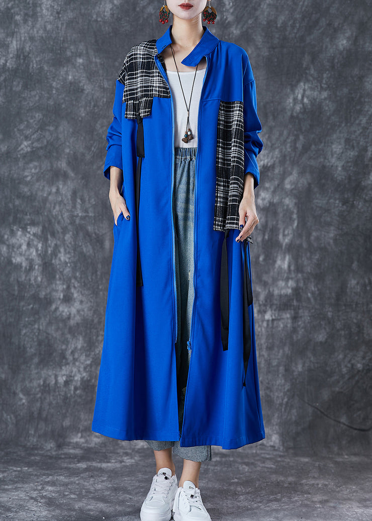 Unique Blue Oversized Patchwork Applique Cotton Trench Coat Fall