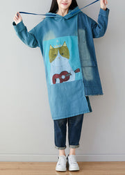 Unique Blue Oversized Patchwork Cotton Sweatshirts Dress Spring