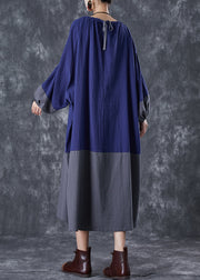 Unique Blue Oversized Patchwork Linen Dress Lantern Sleeve