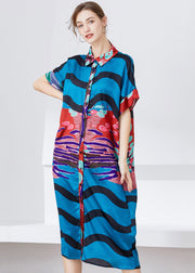 Unique Blue Oversized Print Chiffon Shirt Dress Summer