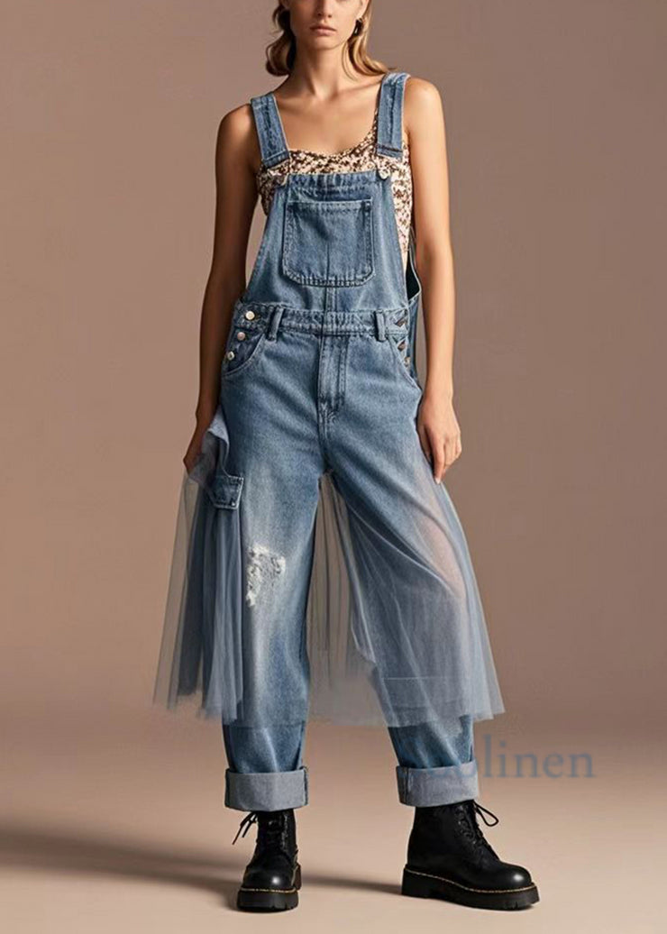 Unique Blue Oversized Tulle Patchwork Denim Ripped Jumpsuits Spring