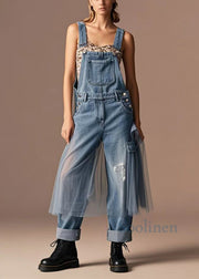 Unique Blue Oversized Tulle Patchwork Denim Ripped Jumpsuits Spring