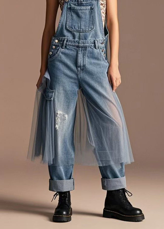 Unique Blue Oversized Tulle Patchwork Denim Ripped Jumpsuits Spring