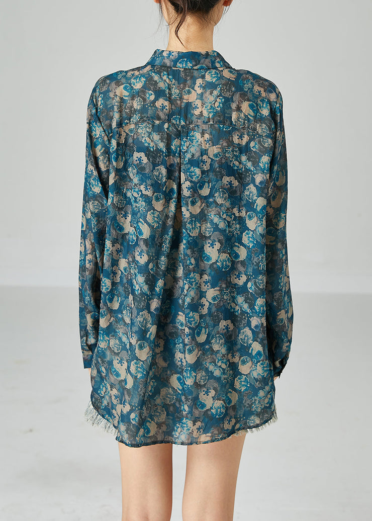 Unique Blue Peter Pan Collar Oversized Print Cotton Shirts Spring