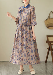 Unique Blue Peter Pan Collar Print Drawstring Button Linen Long Dresses Short Sleeve