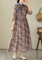 Unique Blue Peter Pan Collar Print Drawstring Button Linen Long Dresses Short Sleeve