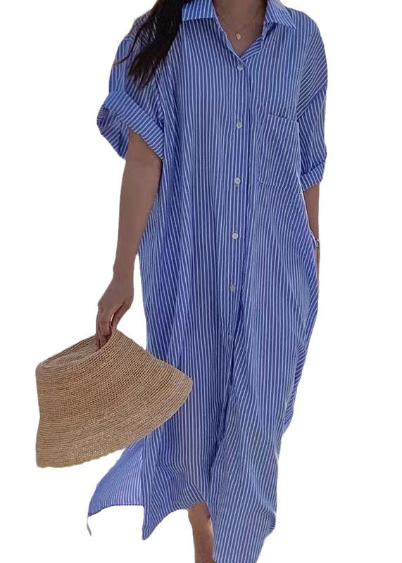 Unique Blue Peter Pan Collar Striped Cotton Shirts Dress Summer