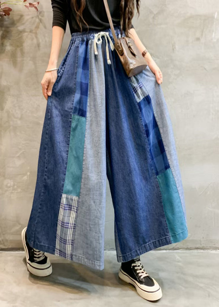 Unique Blue Pockets Elastic Waist Patchwork Wide Leg Pants Fall