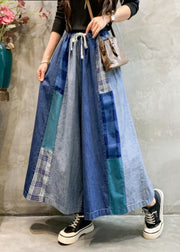 Unique Blue Pockets Elastic Waist Patchwork Wide Leg Pants Fall