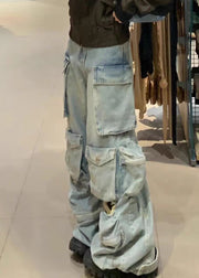 Unique Blue Pockets Patchwork Denim Pants Fall