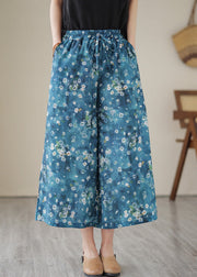 Unique Blue Print Elastic Waist Wide Leg Pants Summer