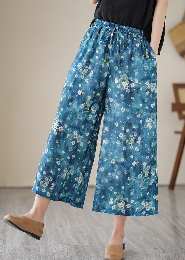 Unique Blue Print Elastic Waist Wide Leg Pants Summer