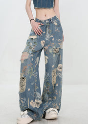 Unique Blue Print Hole High Waist Denim Pants Summer