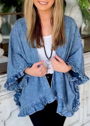 Unique Blue Ruffled Patchwork Denim Cardigans Coat Summer