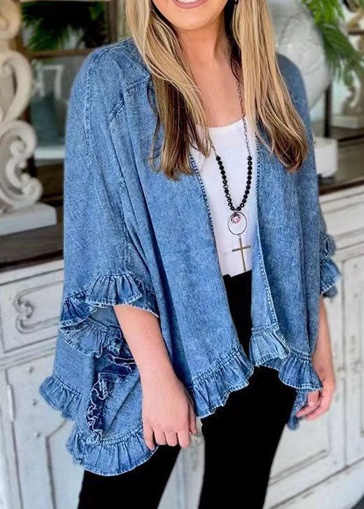 Unique Blue Ruffled Patchwork Denim Cardigans Coat Summer