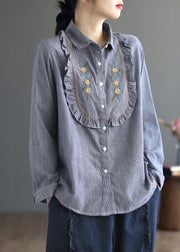 Unique Blue Ruffled Patchwork Embroideried Cotton Shirt Top Spring