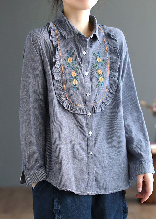 Unique Blue Ruffled Patchwork Embroideried Cotton Shirt Top Spring