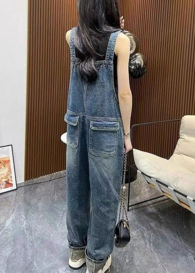 Unique Blue Slash Neck Patchwork Denim Straight Jumpsuit Summer