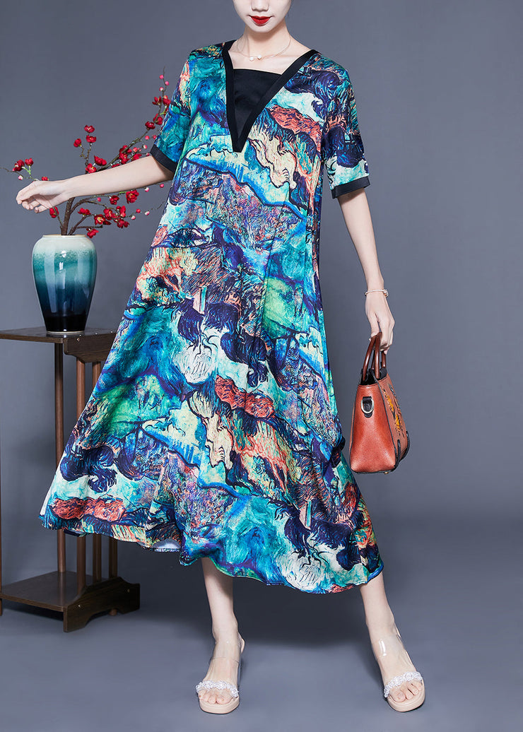 Unique Blue Square Collar Patchwork Tie Dye Silk Robe Dresses Summer