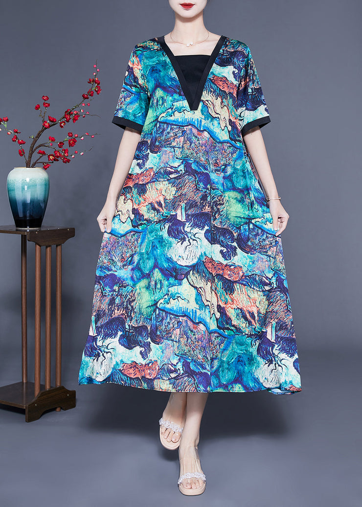 Unique Blue Square Collar Patchwork Tie Dye Silk Robe Dresses Summer