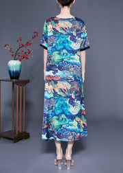 Unique Blue Square Collar Patchwork Tie Dye Silk Robe Dresses Summer