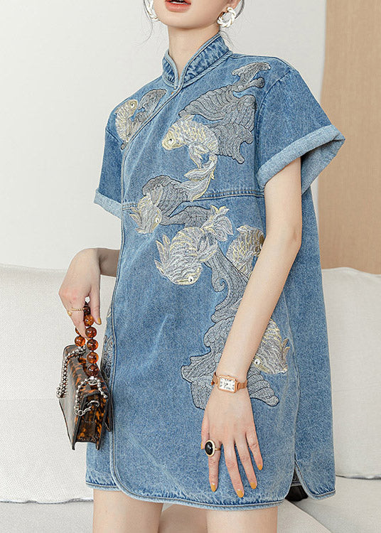 Unique Blue Stand Collar Embroideried Floral Side Open Button Cotton Denim Mid Dress Short Sleeve