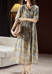 Unique Blue Stand Collar Print Button Linen Maxi Dresses Summer