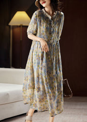 Unique Blue Stand Collar Print Button Linen Maxi Dresses Summer