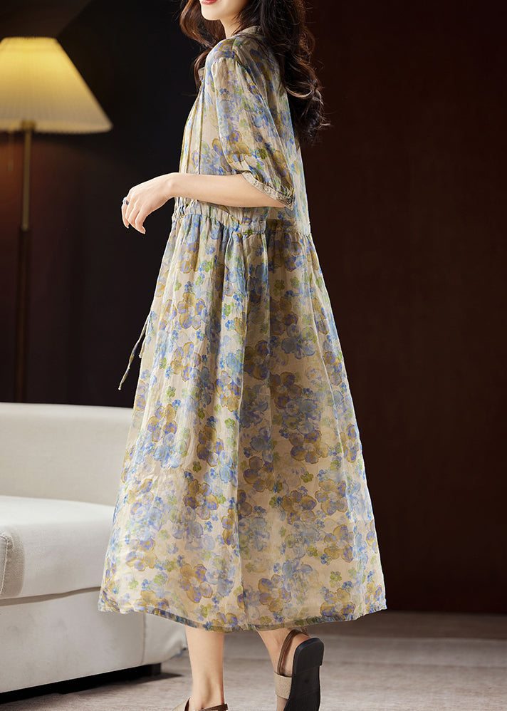 Unique Blue Stand Collar Print Button Linen Maxi Dresses Summer