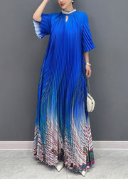 Unique Blue Stand Collar Print Wrinkled Long Dress Summer