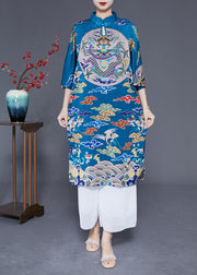 Unique Blue Stand Collar Side Open Silk Chinese Style Dress Half Sleeve