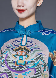 Unique Blue Stand Collar Side Open Silk Chinese Style Dress Half Sleeve