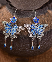 Unique Blue Sterling Silver Inlaid Enamel Butterfly Drop Earrings