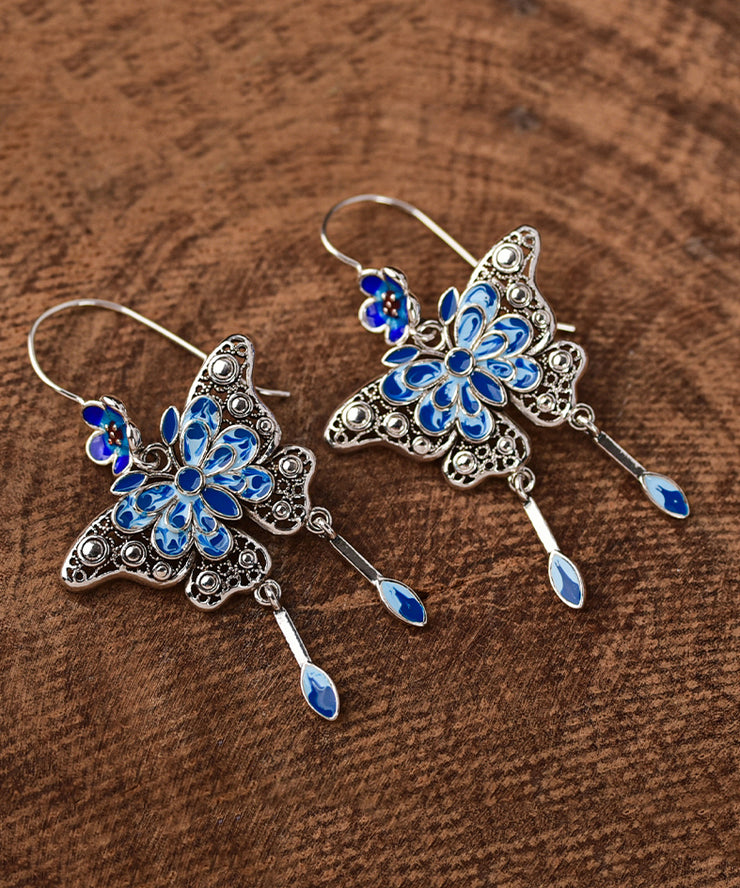 Unique Blue Sterling Silver Inlaid Enamel Butterfly Drop Earrings