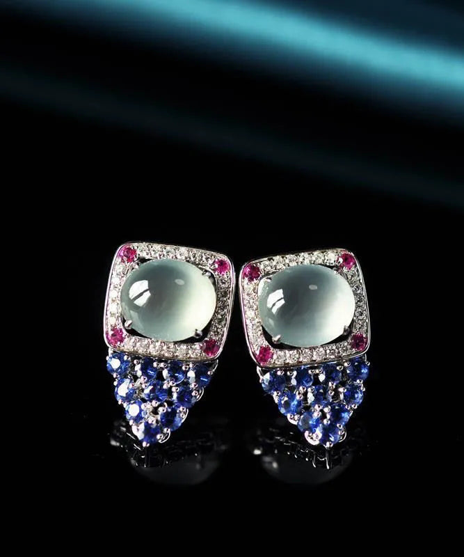 Unique Blue Sterling Silver Inlaid Zircon Gem Stone Stud Earrings