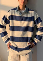 Unique Blue Striped Cotton Mens Polo Shirt Designer Fall