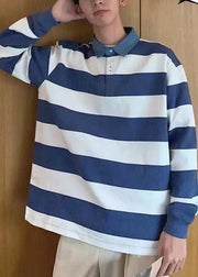 Unique Blue Striped Cotton Mens Polo Shirt Designer Fall