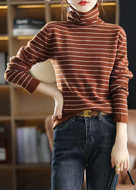 Unique Blue Striped Hign Neck Patchwork Woolen Knit Sweaters Fall