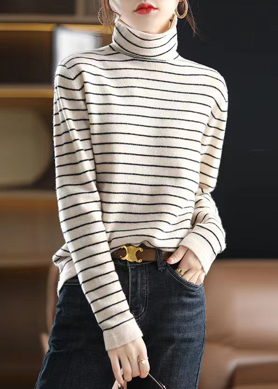 Unique Blue Striped Hign Neck Patchwork Woolen Knit Sweaters Fall