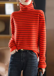 Unique Blue Striped Hign Neck Patchwork Woolen Knit Sweaters Fall