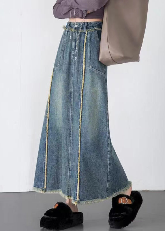 Unique Blue Tasseled Pockets Patchwork Denim Skirts Spring