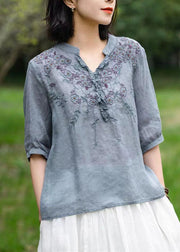 Unique Pure Green V Neck Embroidered Patchwork Linen T Shirts Half Sleeve