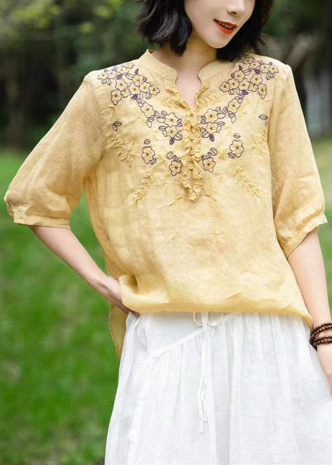 Unique Pure Yellow V Neck Embroidered Patchwork Linen T Shirts Half Sleeve